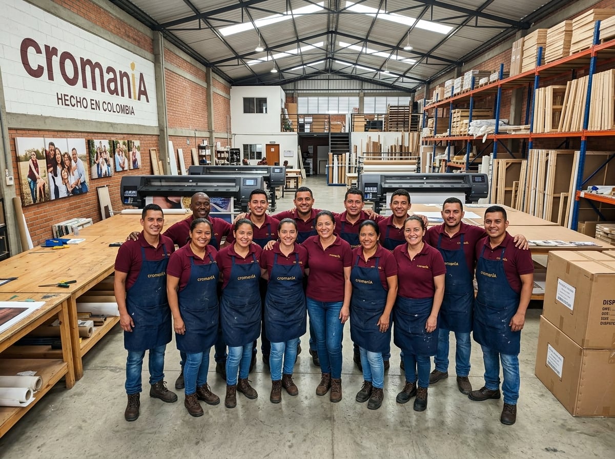 Equipo de cromanIA reunido dentro de la fábrica de cuadros en Neiva