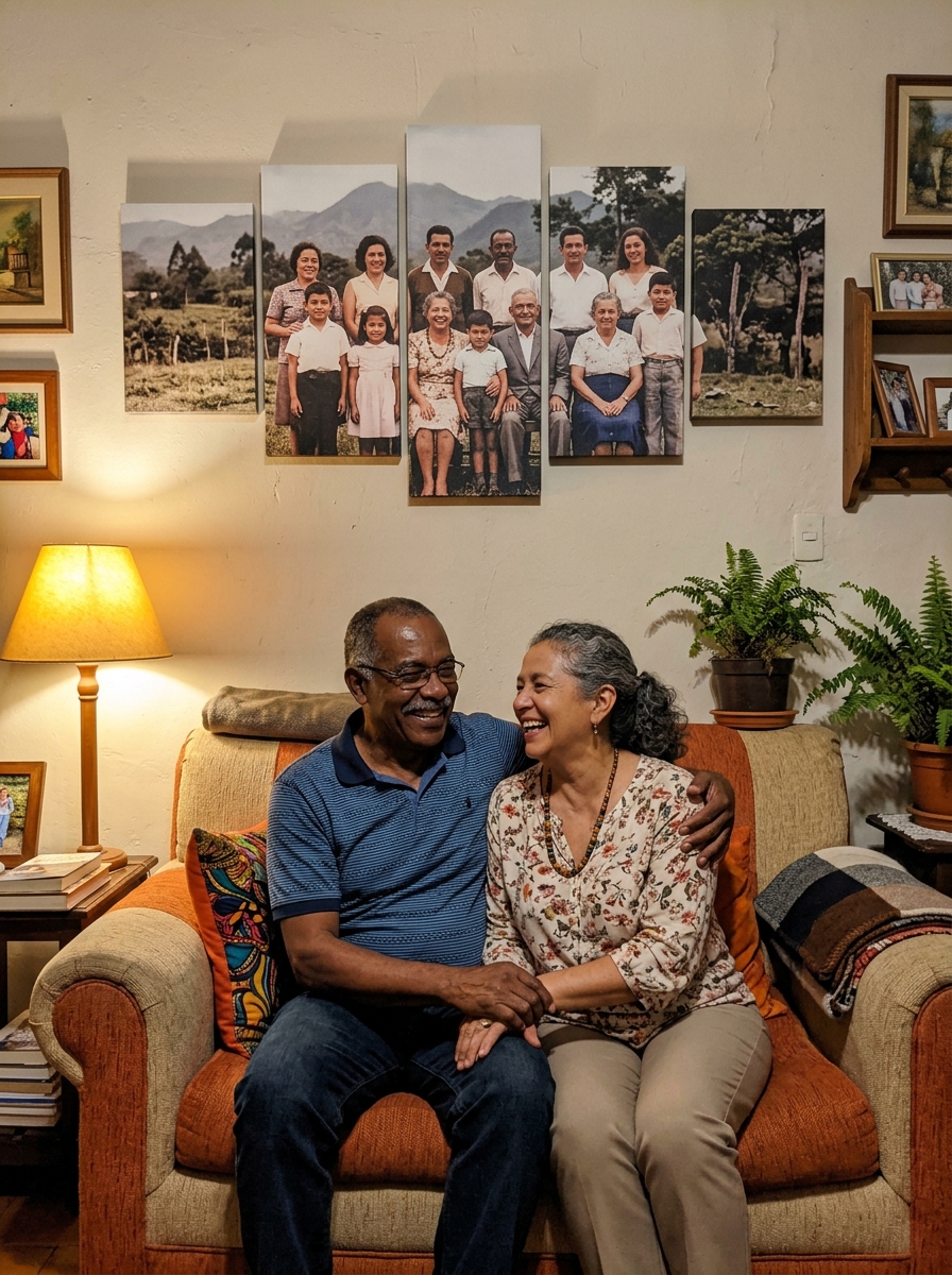 Pareja feliz con su cuadro de 5 partes