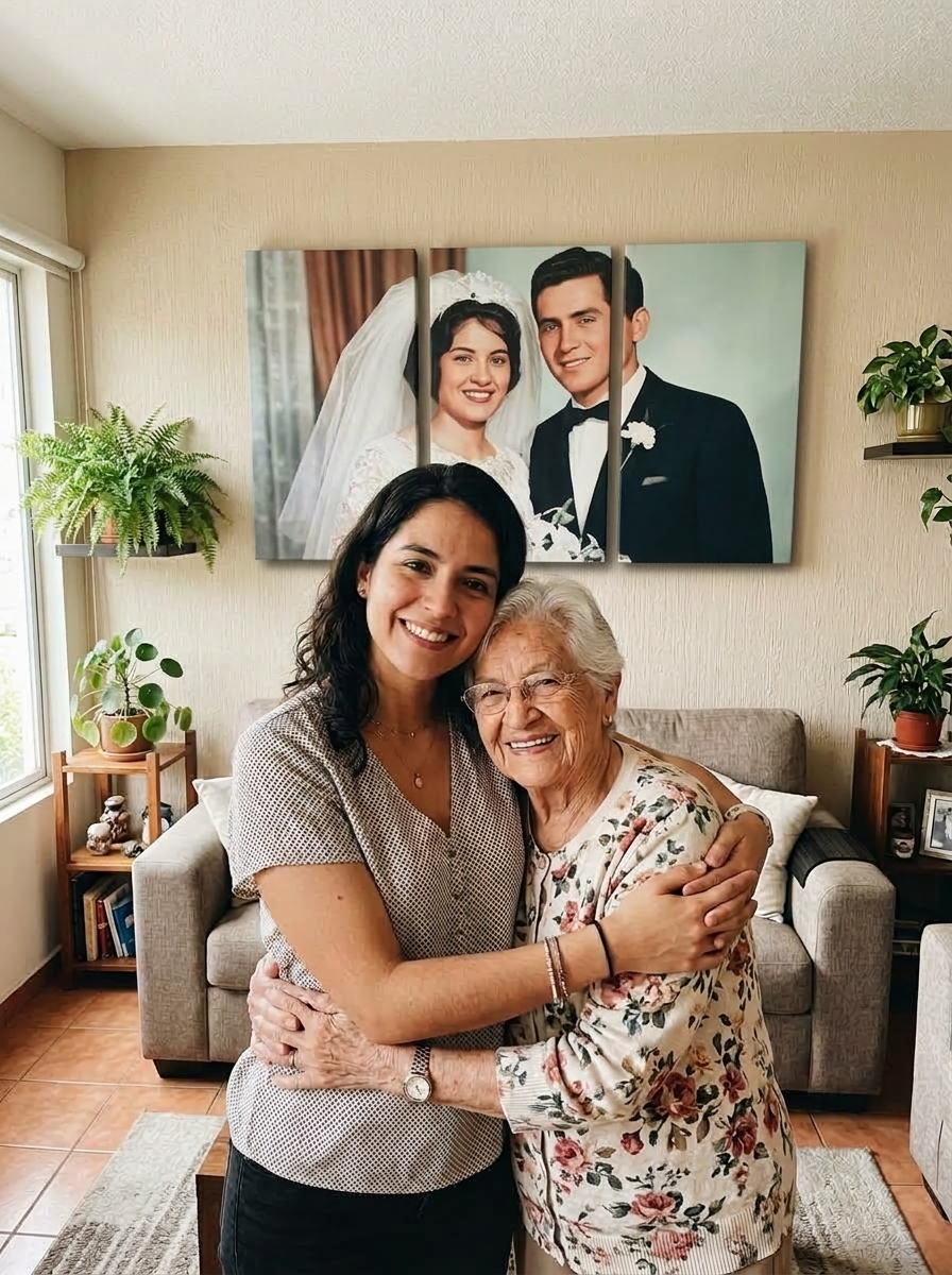 Nieta y abuela frente a su cuadro